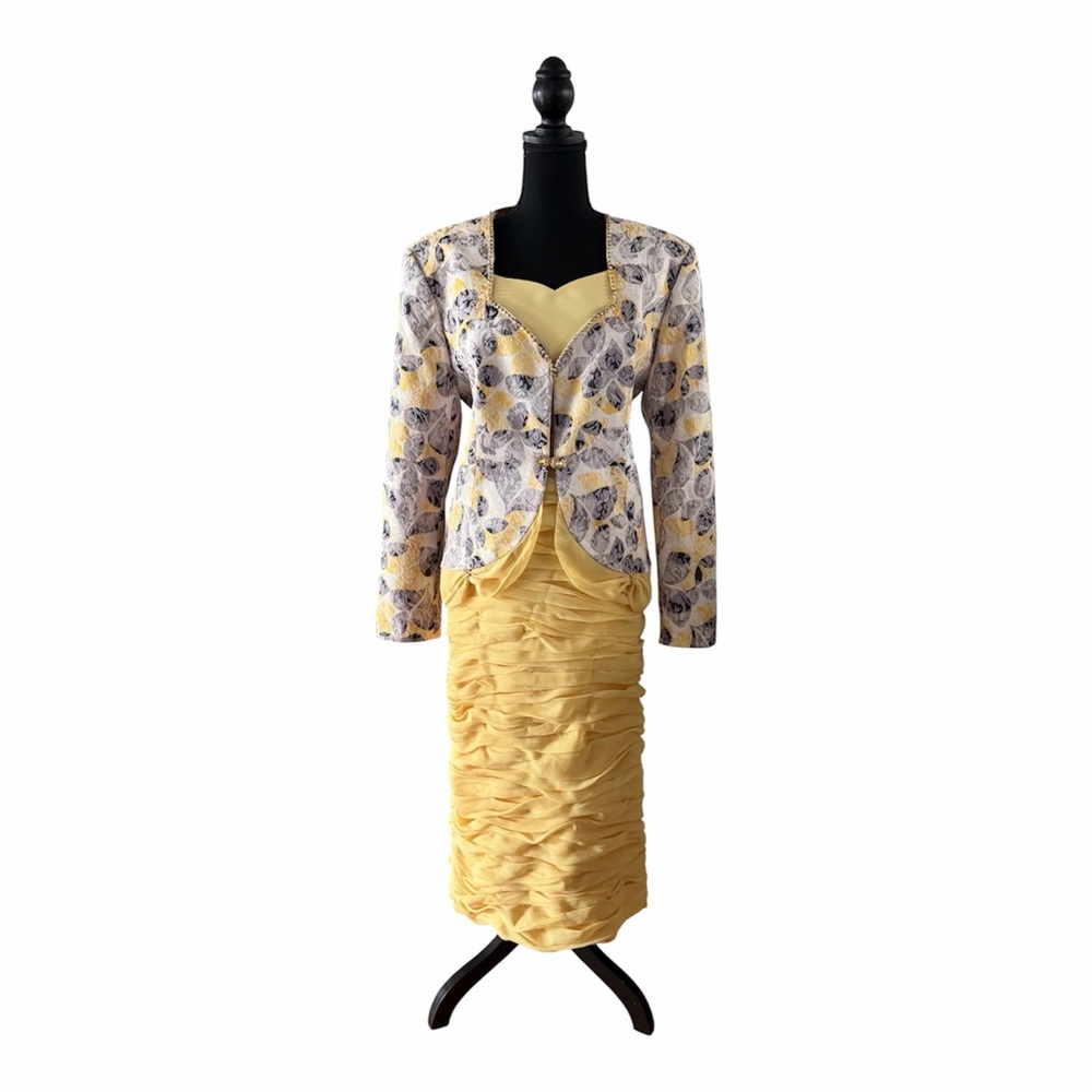 Susanna Metallic Yellow Gray White Floral 3pc Skirt Suit with Rhinestones 16